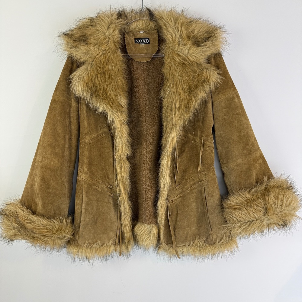 XOXO Leather Jacket Women Small Tan Faux Fur Trim Penny Lane Boho 64249